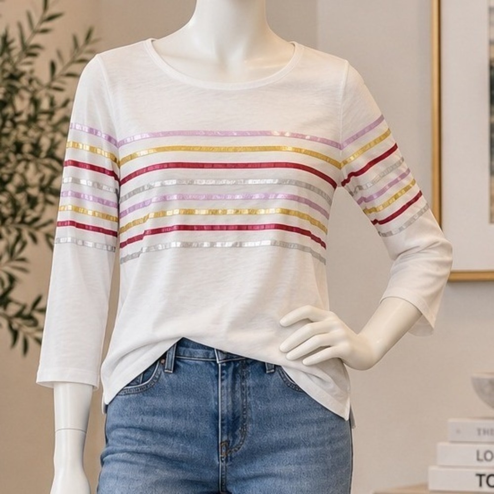 Boden Womens Top White Metallic Striped 3/4 Sleeve Size 8